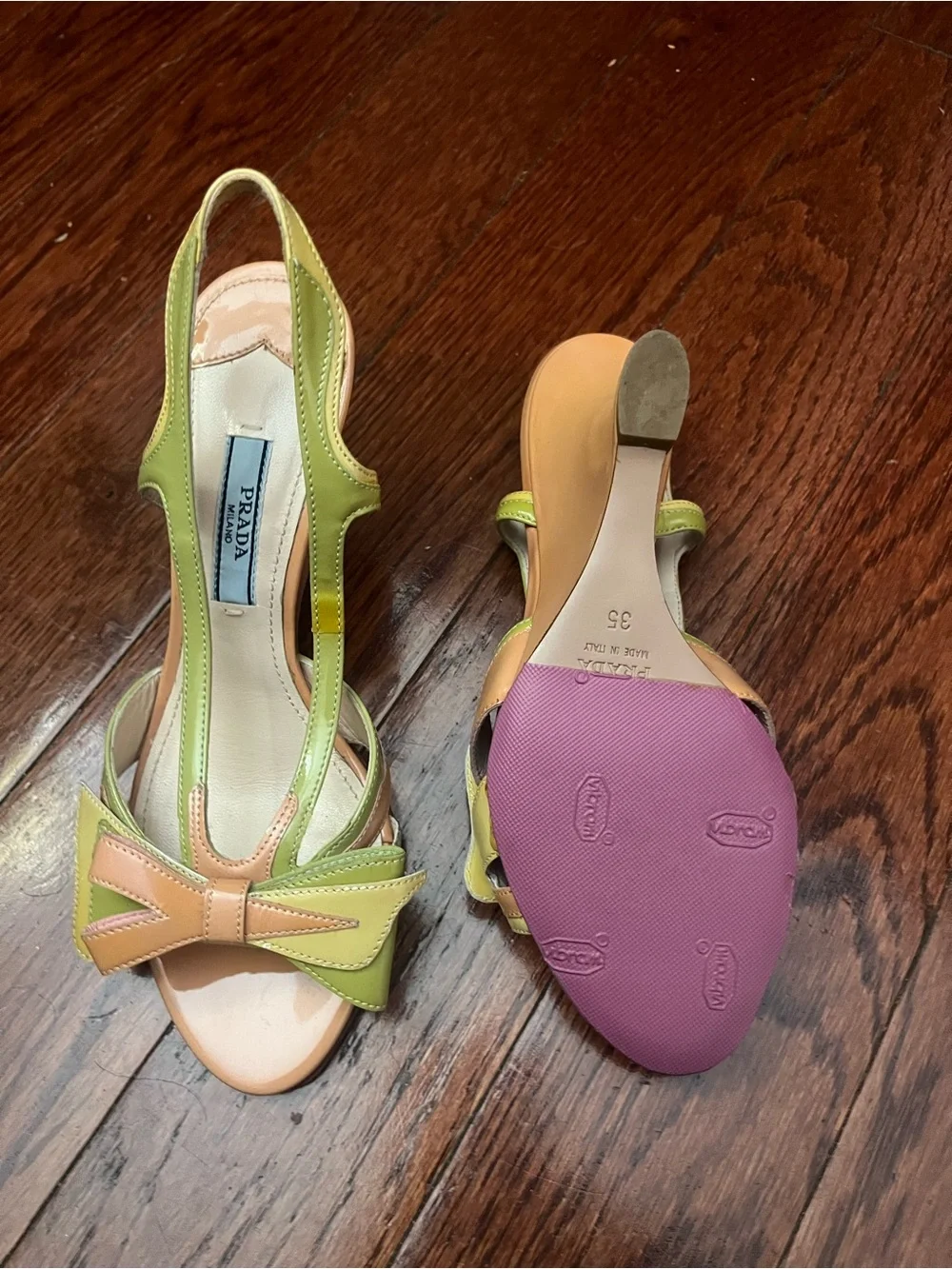 PRADA Lime Green and Beige Bow T-Strap Heels - Picture 5 of 6